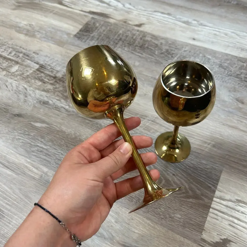 Sarna Brass Wine Goblets Set of 2 Gold Patina Vintage Barware India